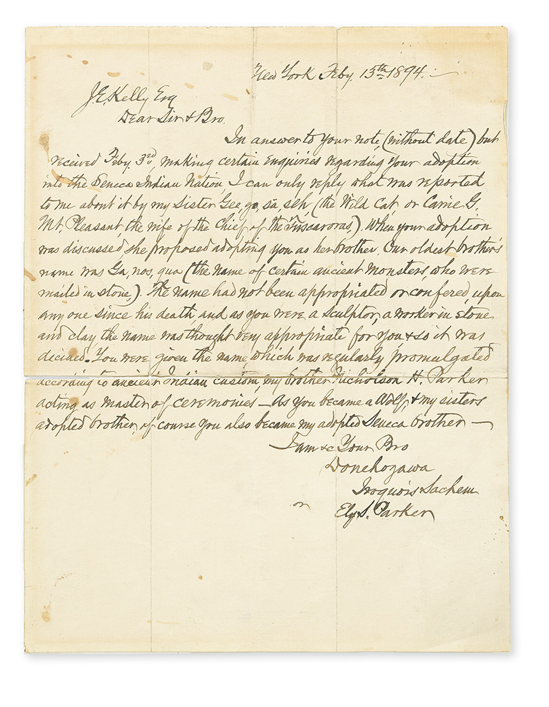 PARKER, ELY SAMUEL. Autograph Letter Signed, Donehogawa / Iroquois Sachem / or Ely S. Parker, to J.E. Kelly (Dear Sir & Bro.),